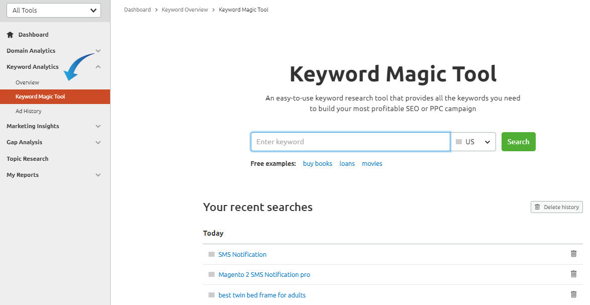 Keyword Magic Tool Dashboard